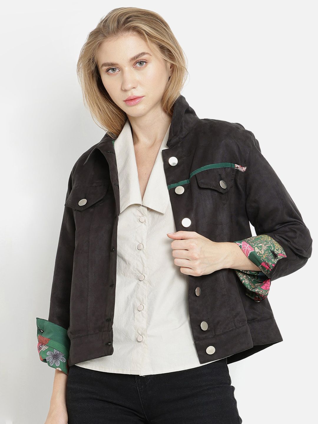 SHAYE Women Black Solid Suede Kamala Jacket Price in India