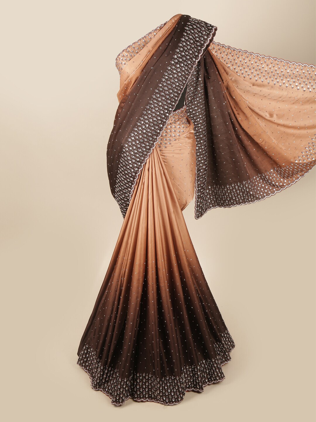 Pothys Brown & Cream-Coloured Embellished Beads and Stones Satin Saree Price in India