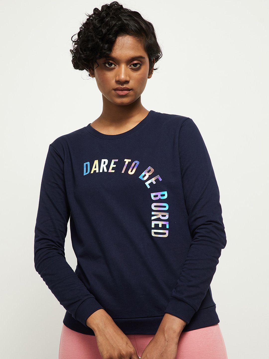 max Women Navy Blue Printed Pure Cotton Sweatshirt Price in India