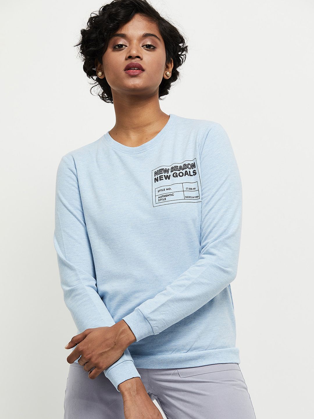 max Women Blue Printed Sweatshirt Price in India
