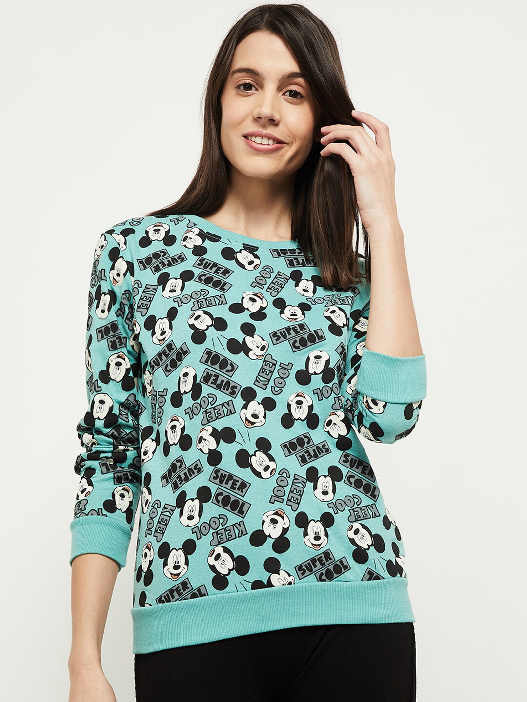 max Women Green Mickey Mouse Printed Pure Cotton Sweatshirt Price in India