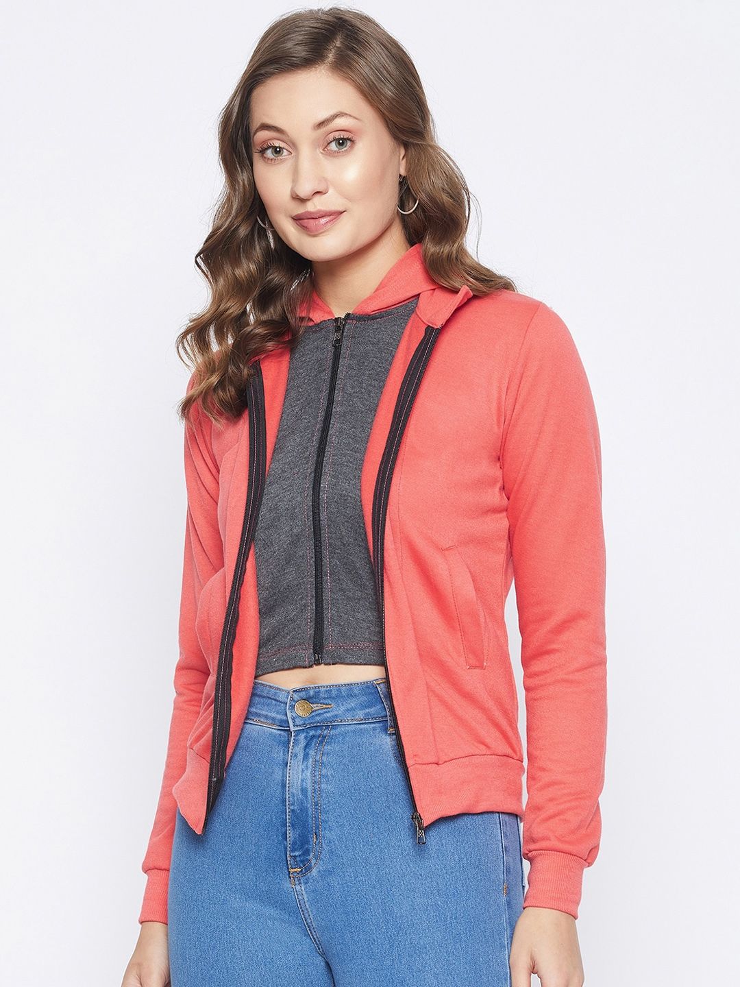 PURYS Women Coral Open Front Dual Zipper Hooded Jacket With Attached Inner Price in India