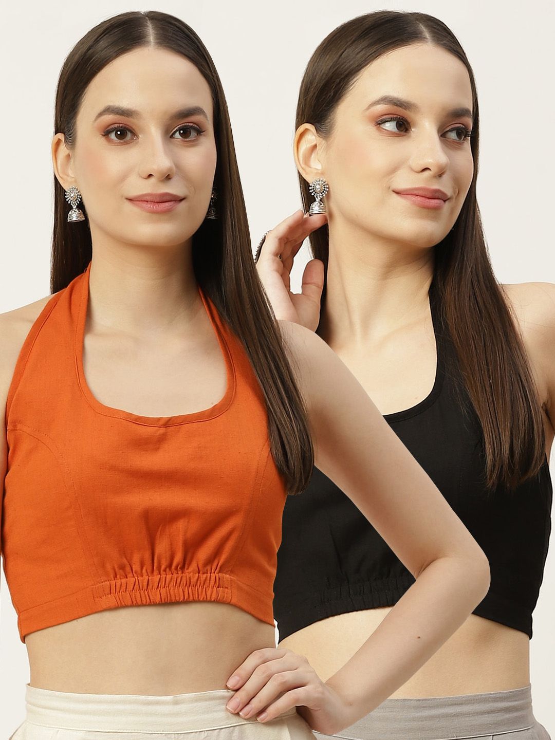 Molcha Women Pack Of 2 Rust Orange & Black Solid Cotton Saree Blouse Price in India