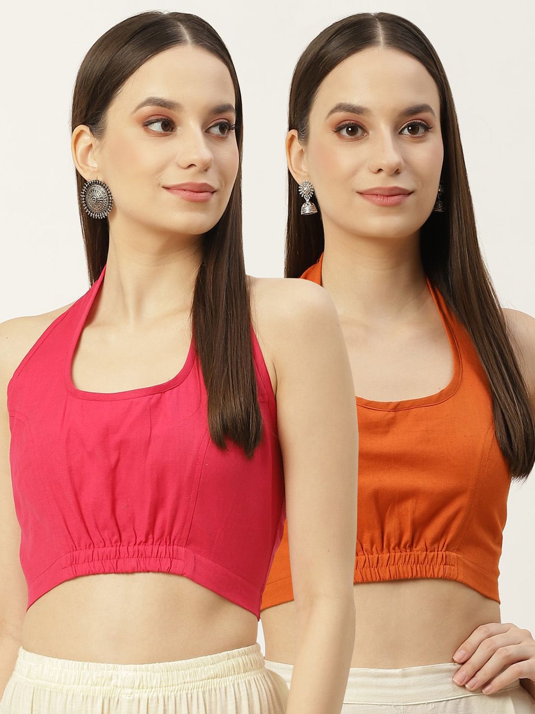 Molcha Women Pink & Rust Pack of 2 Non Padded Halter Neck Cotton Blouse Price in India