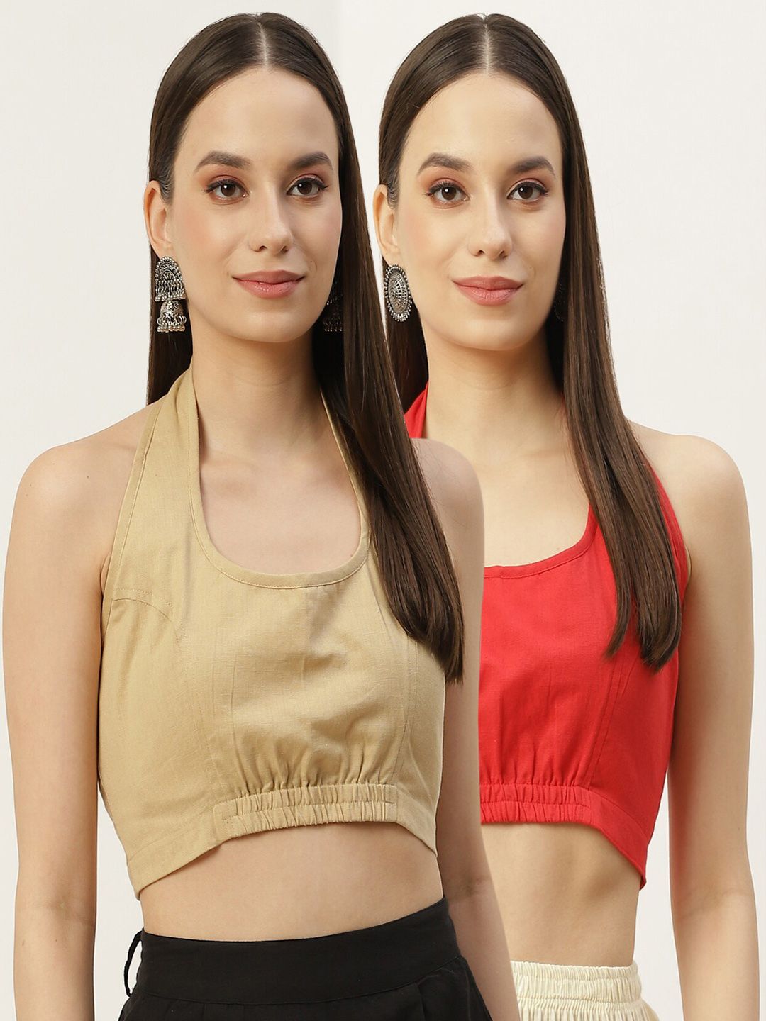 Molcha Women Pack Of 2 Beige & Red Solid Cotton Saree Blouse Price in India