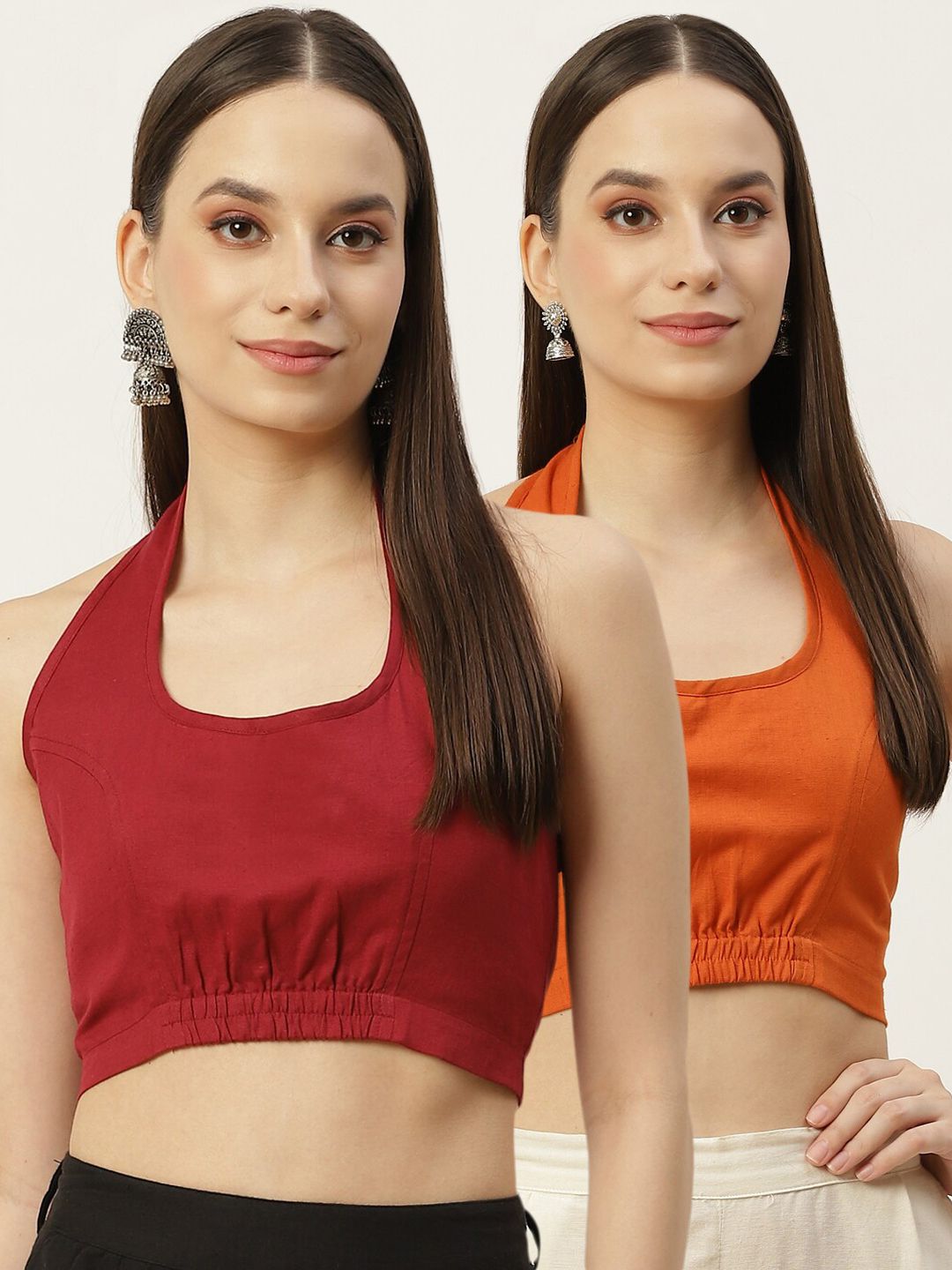Molcha Women Pack Of 2 Rust Orange & Maroon Solid Cotton Saree Blouse Price in India