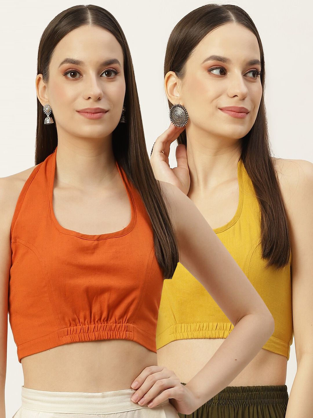 Molcha Women Pack Of 2 Orange & Yellow Solid Cotton Saree Blouse Price in India