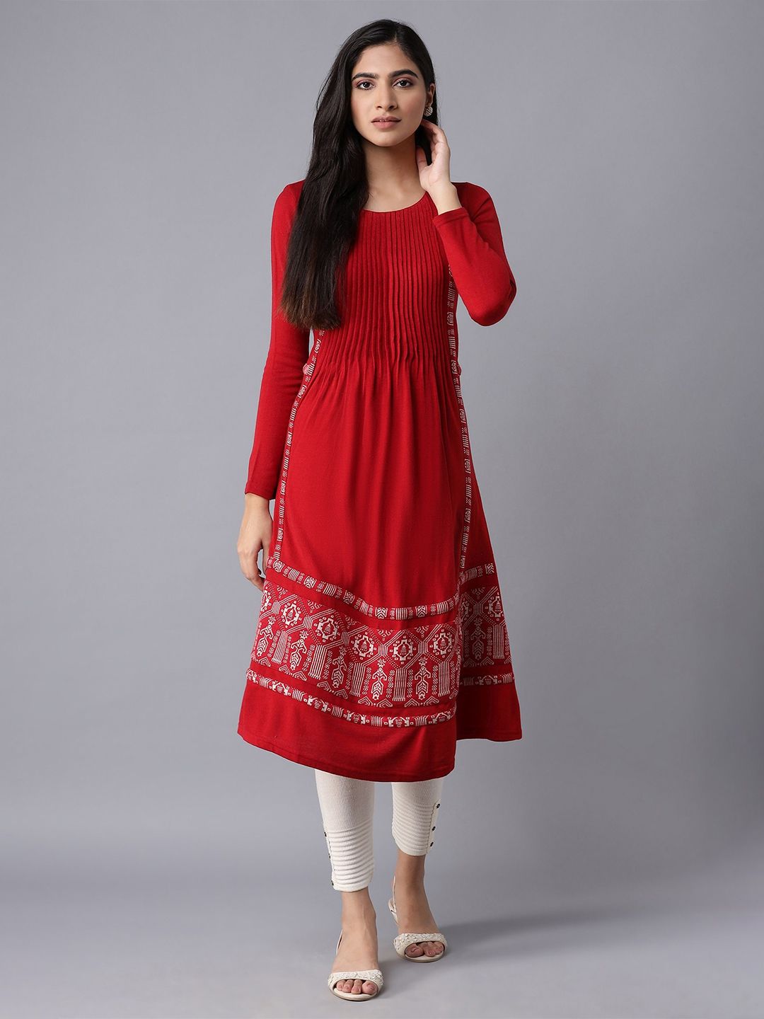 W Red Ethnic Motifs A-Line Midi Dress Price in India