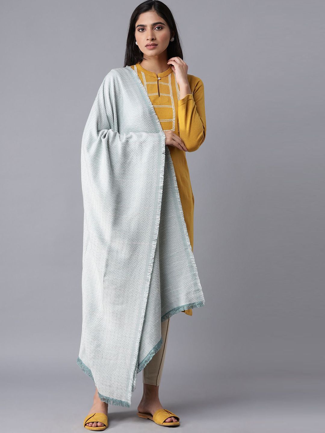 W Women Blue & White Woven-Design Shawl Price in India