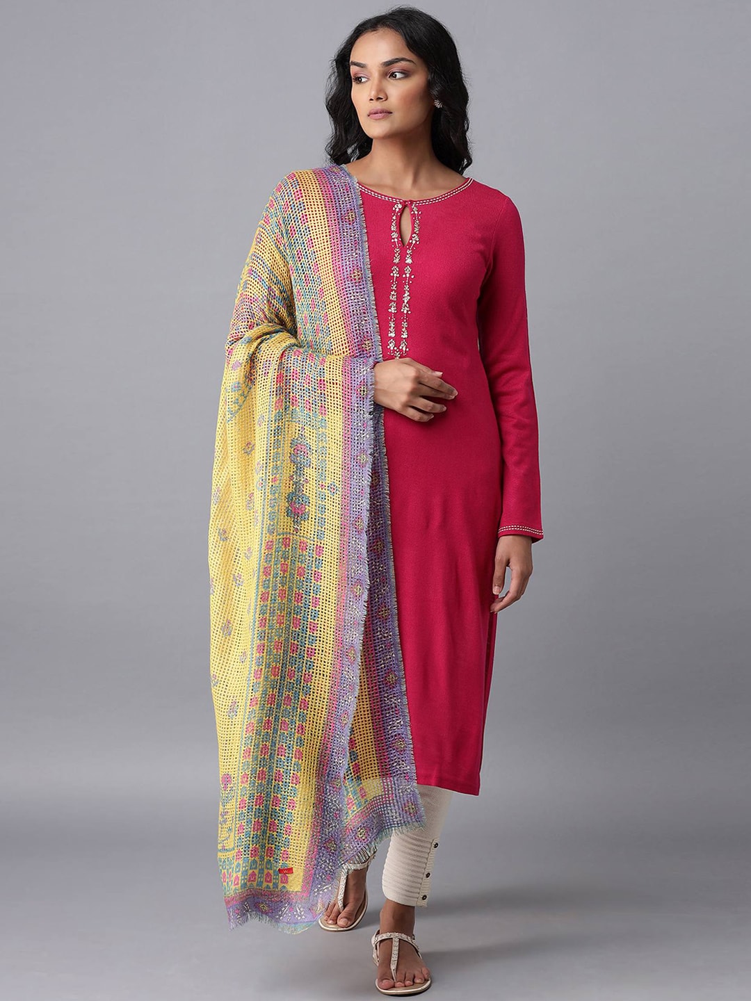 W Women Yellow & Purple Printed Knitted Shawl Price in India