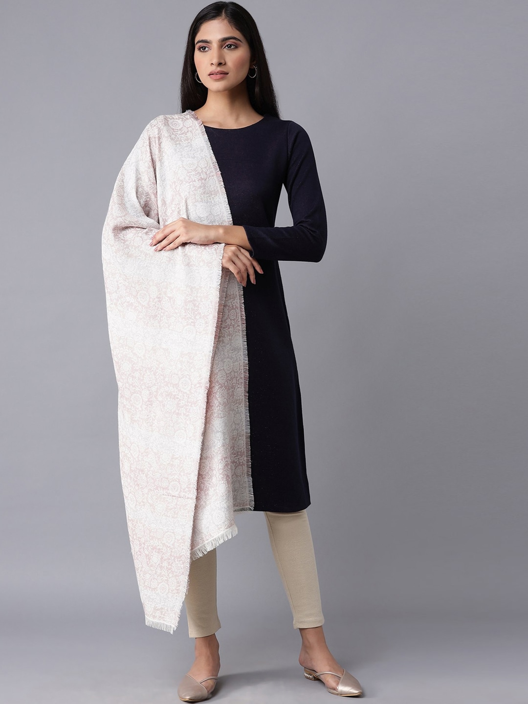 W Women Pink & White Woven-Design Shawl Price in India