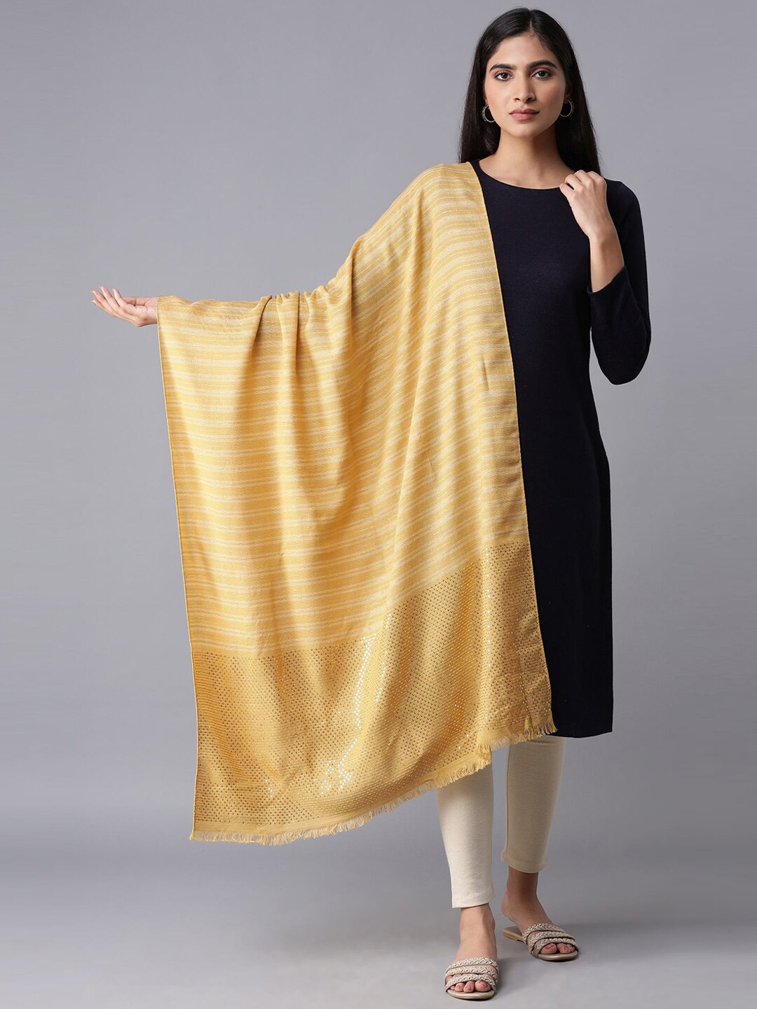 W Women Yellow & Beige Self Design Shawl Price in India