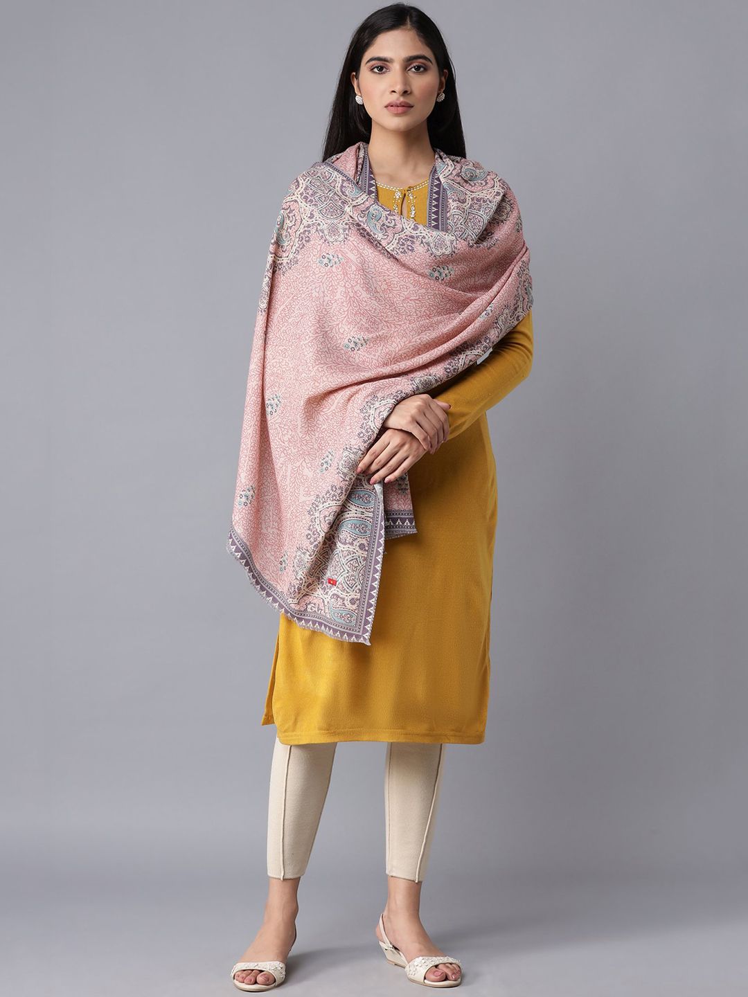 W Women Pink & Blue Printed Knitted Shawl Price in India