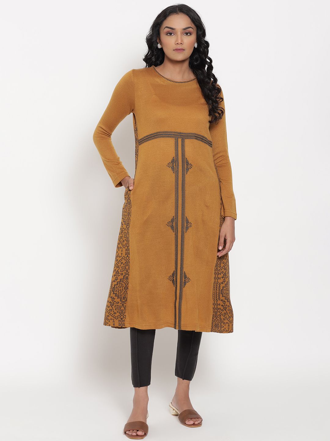 W Mustard Yellow A-Line Midi Dress Price in India