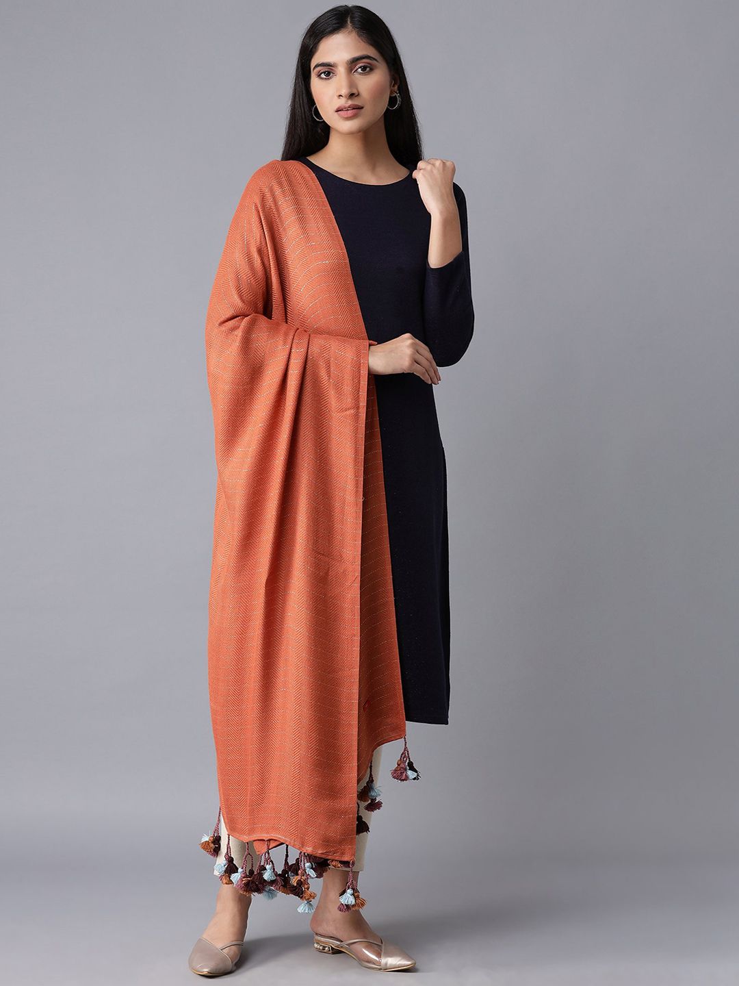 W Women Orange Woven-Design Shawl Price in India