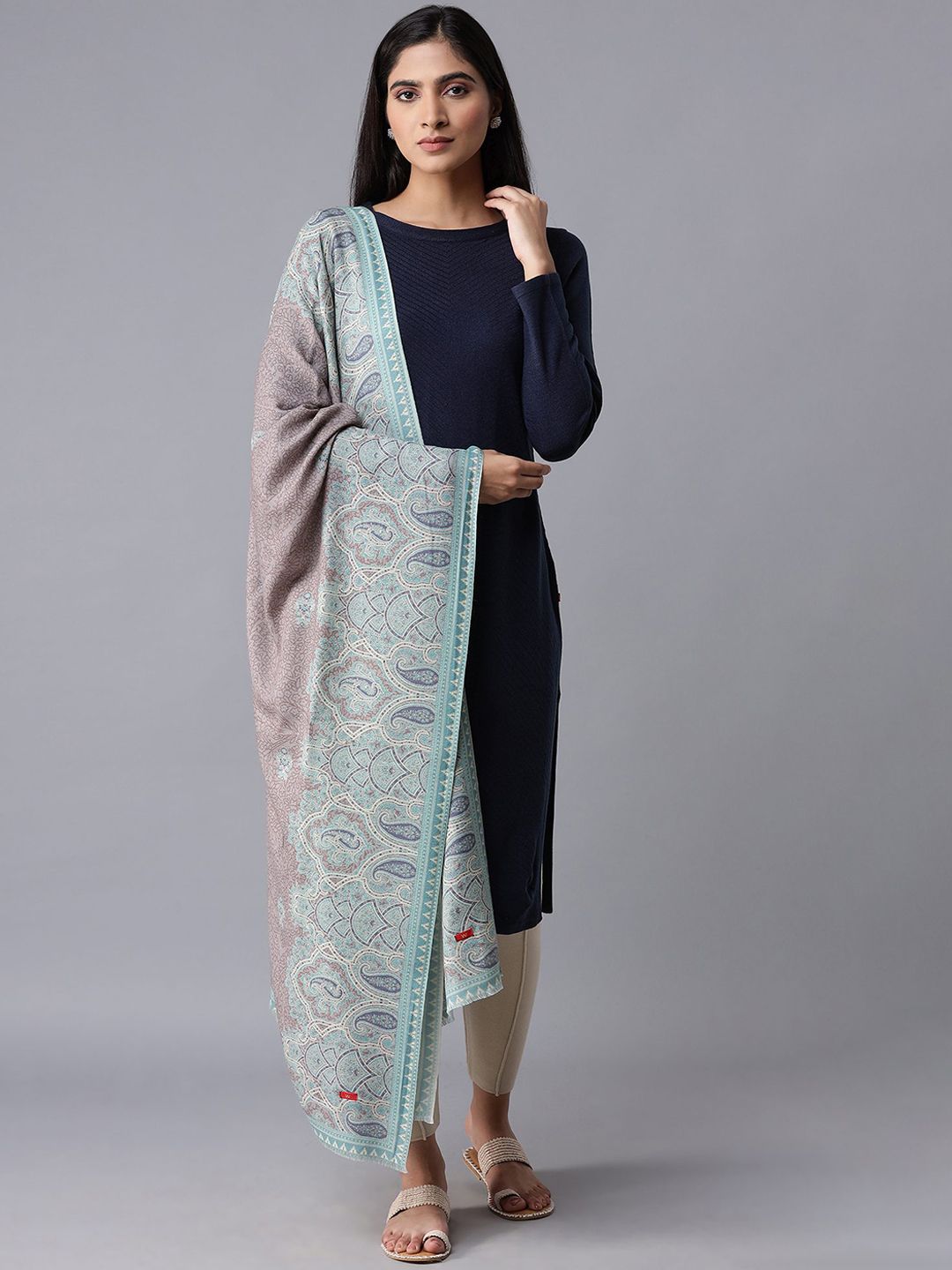 W Women Grey & Blue Woven-Design Shawl Price in India