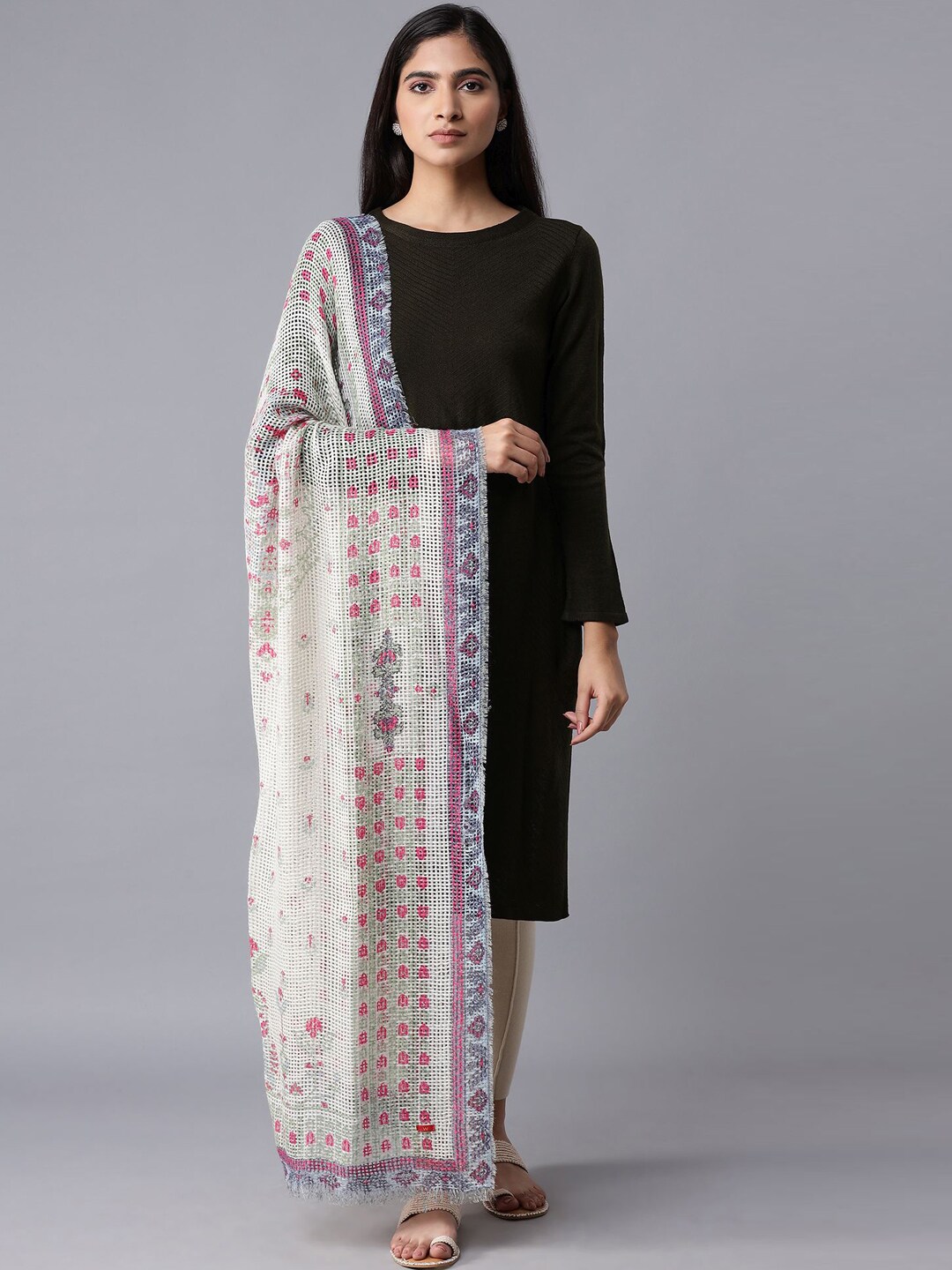 W Women White & Pink Printed Knitted Shawl Price in India