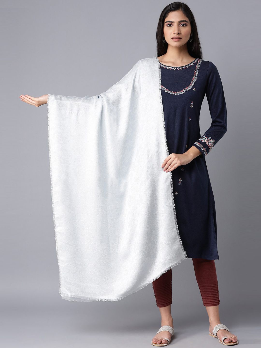 W Women Silver-Coloured Woven-Design Shawl Price in India