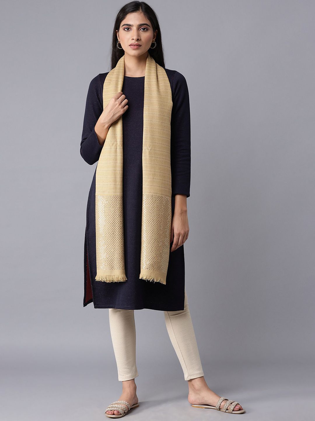 W Women Beige Knitted Shawl Price in India