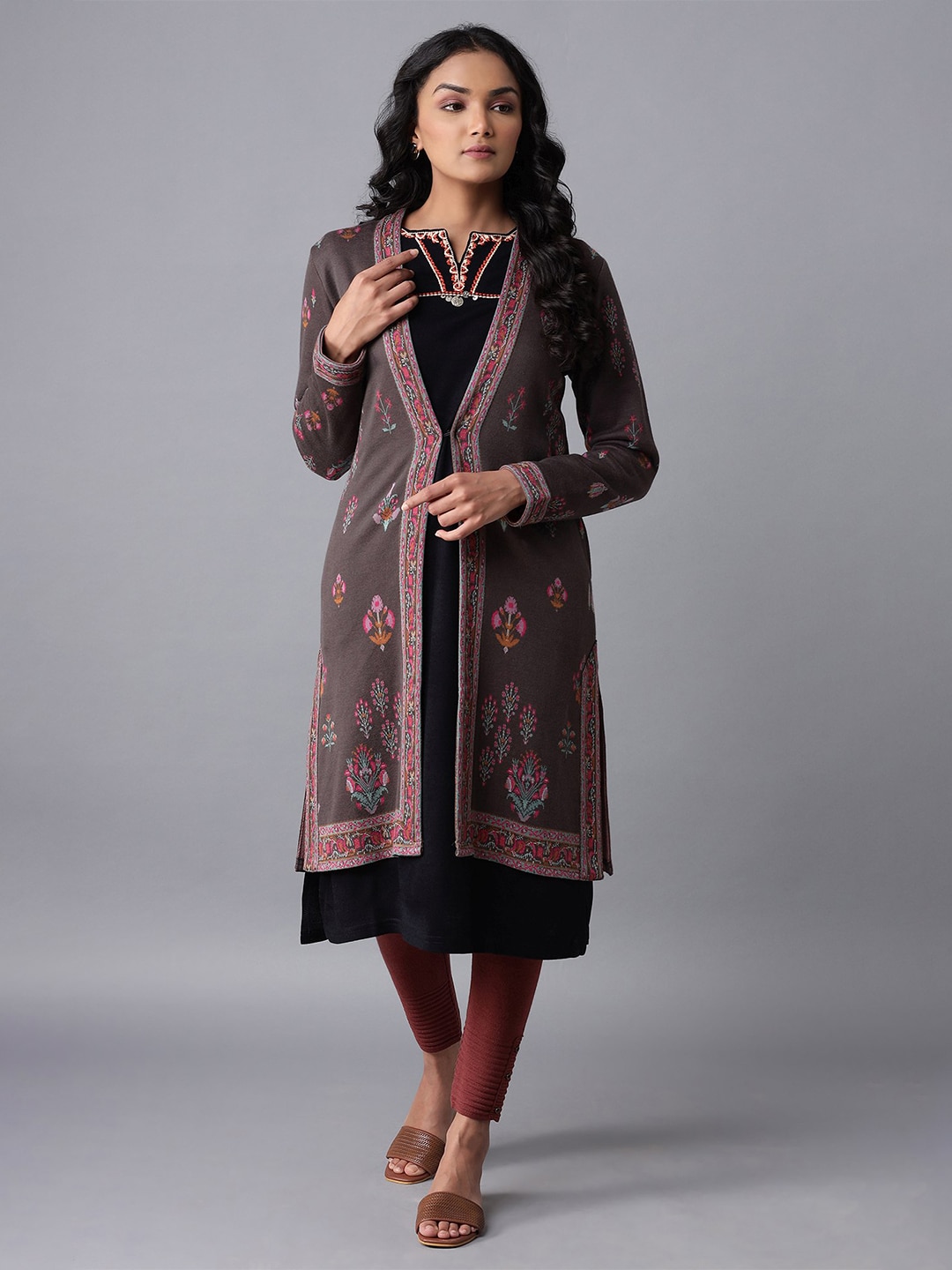 W Women Green & Pink Floral Printed Longline Cardigan Price in India