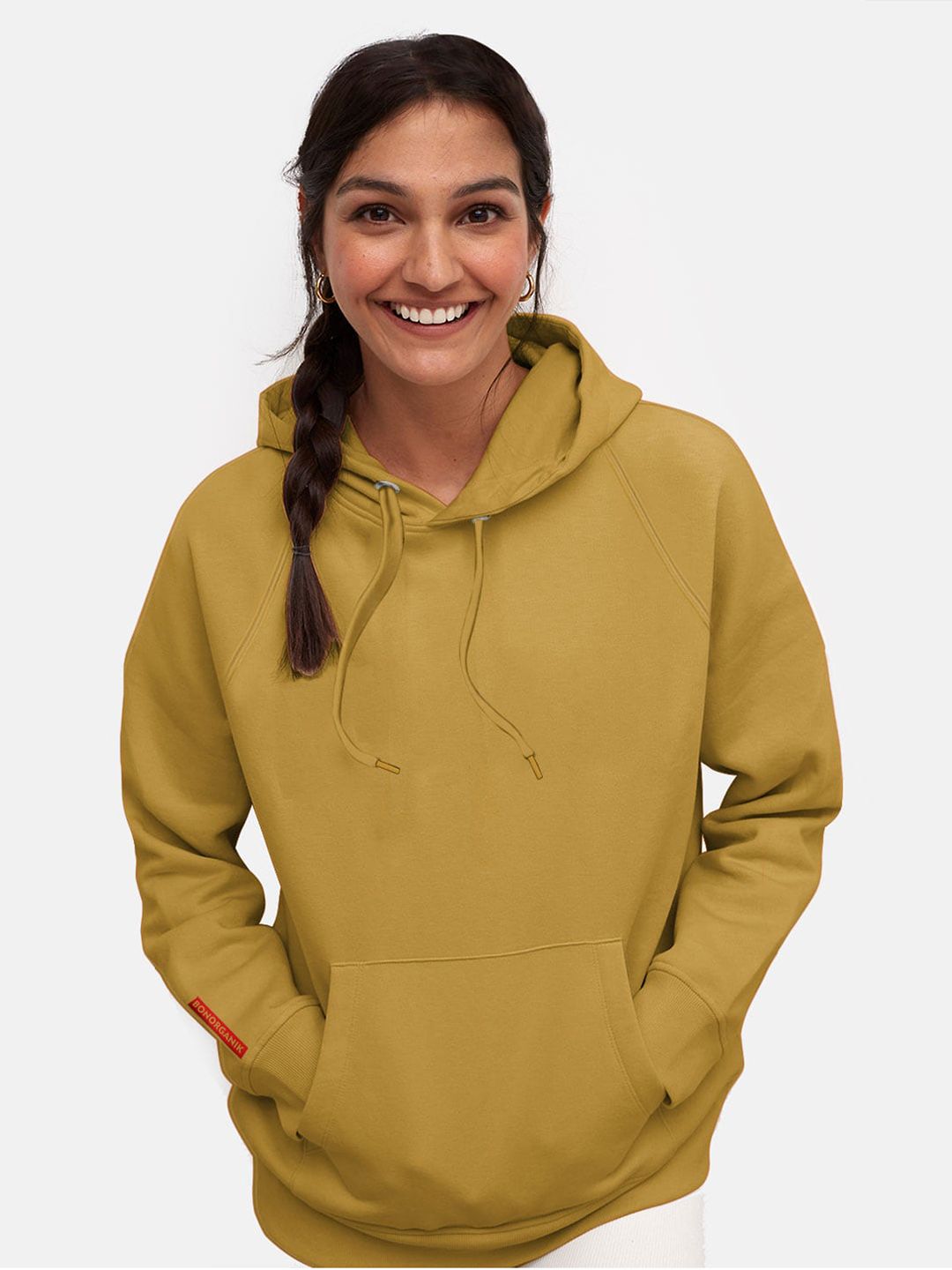 BonOrganik Women Mustard Yellow Hooded Sweatshirt Price in India