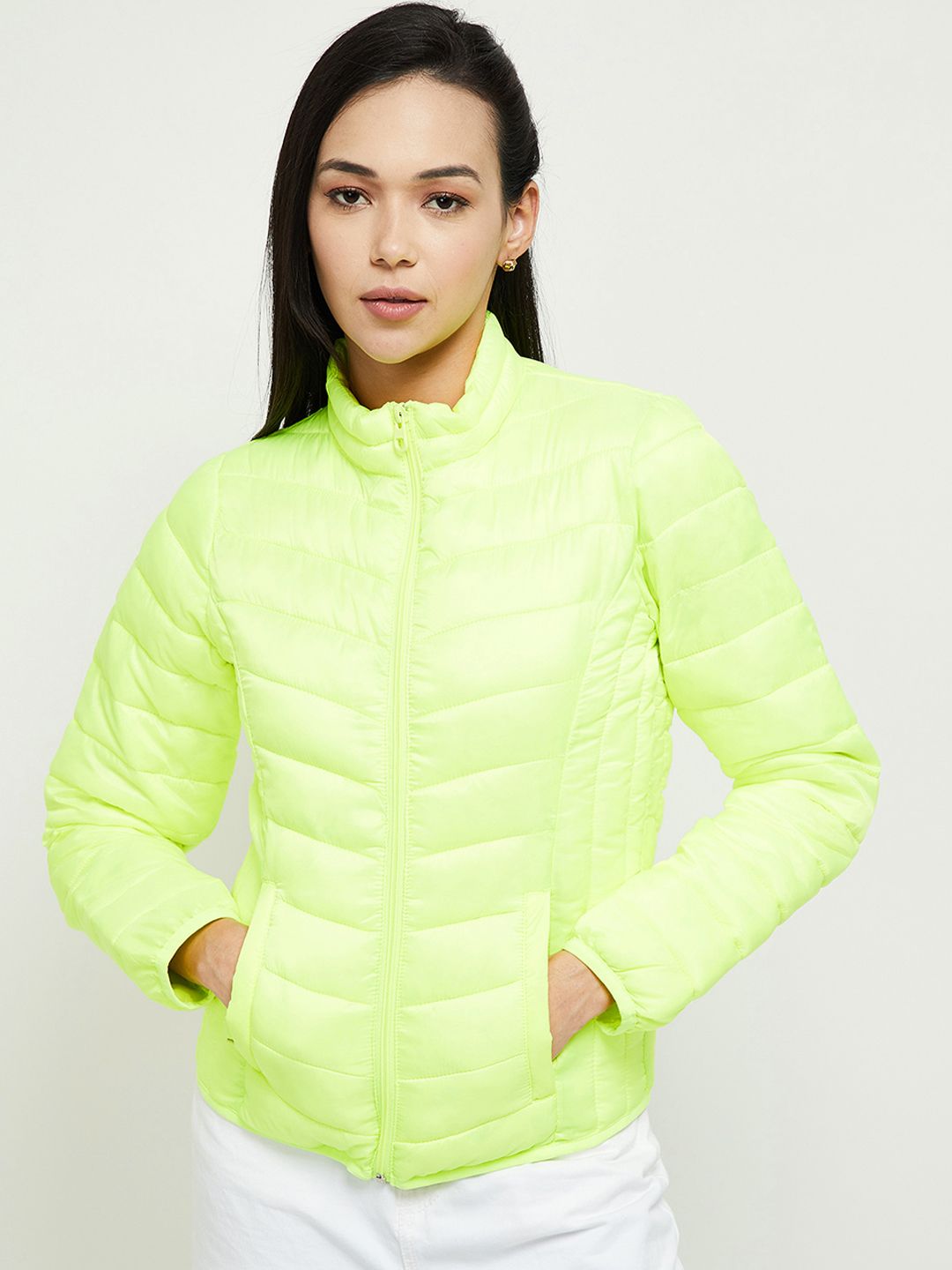 max Women Fluorescent Green Windcheater  Puffer Jacket Price in India