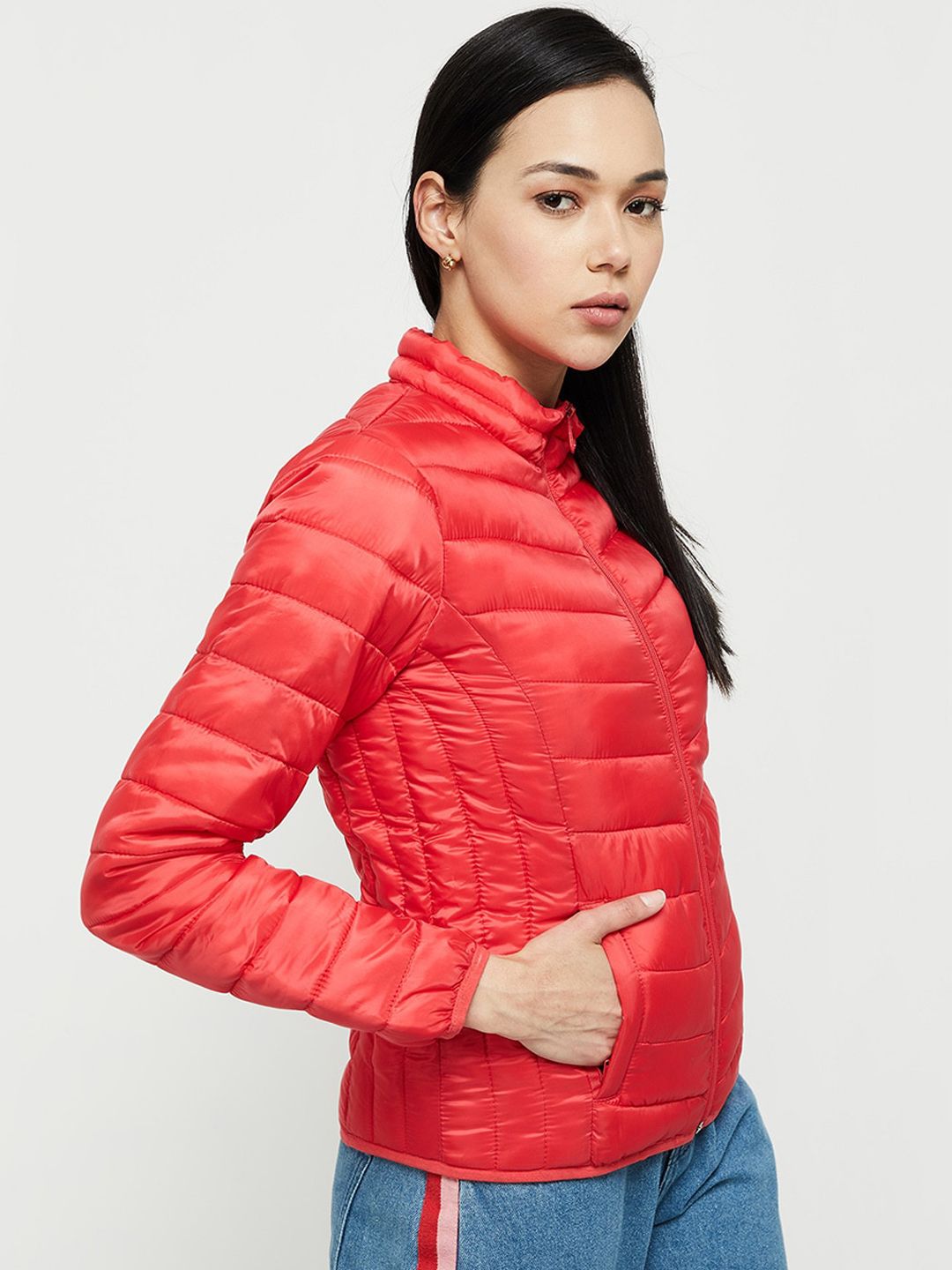 max Women Red Windcheater Crop Puffer Jacket Price in India