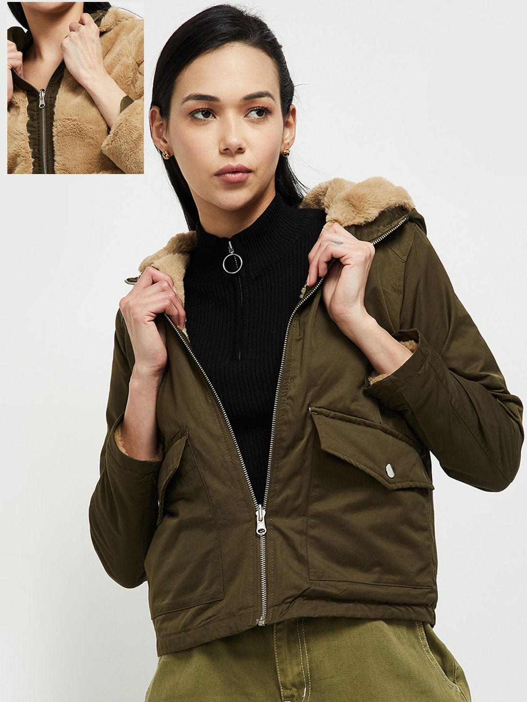 max Women Green Beige Reversible Padded Jacket Price in India