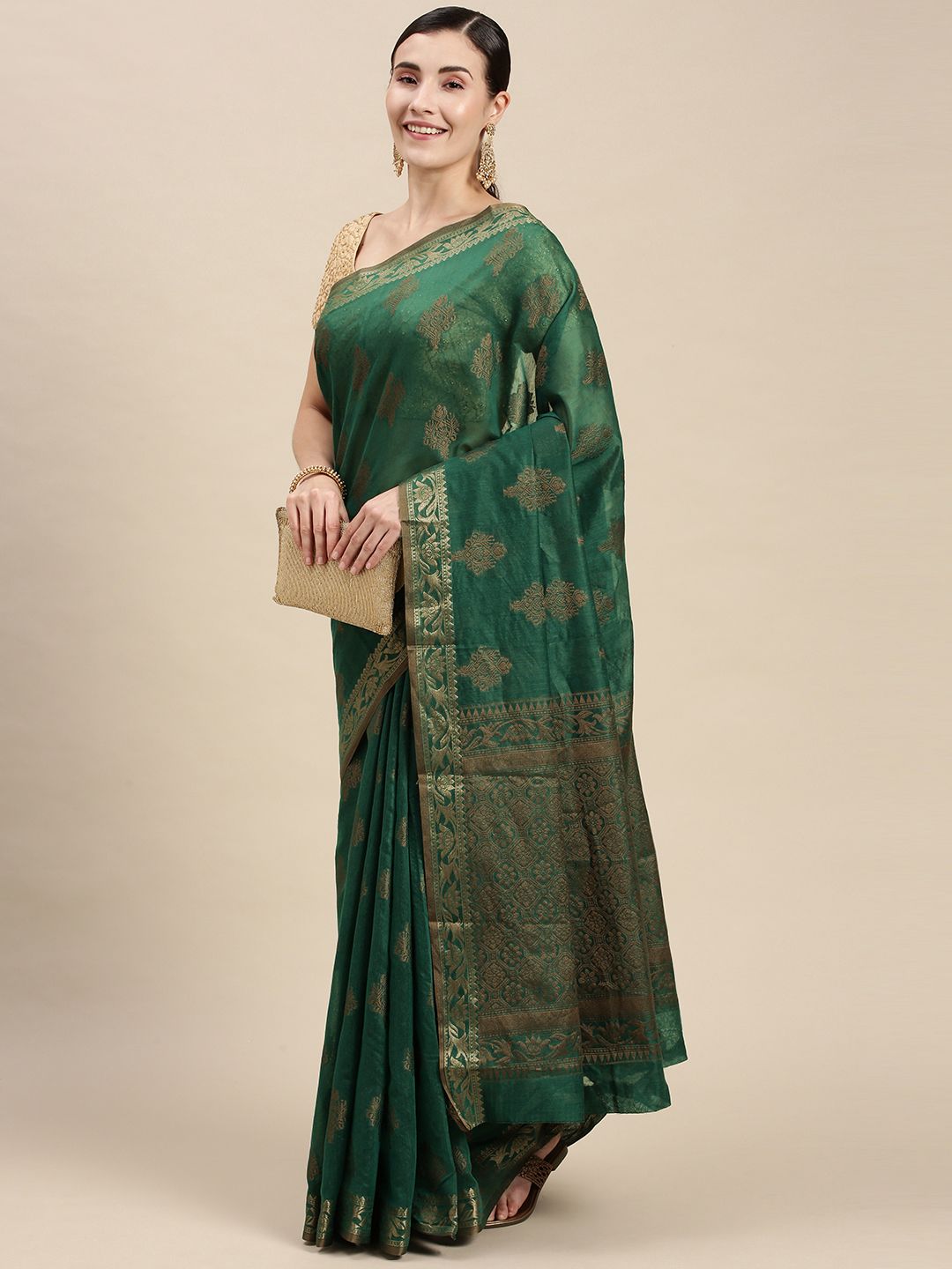 Mitera Green & Gold-Toned Cotton Silk Saree With Running Blouse Piece Price in India