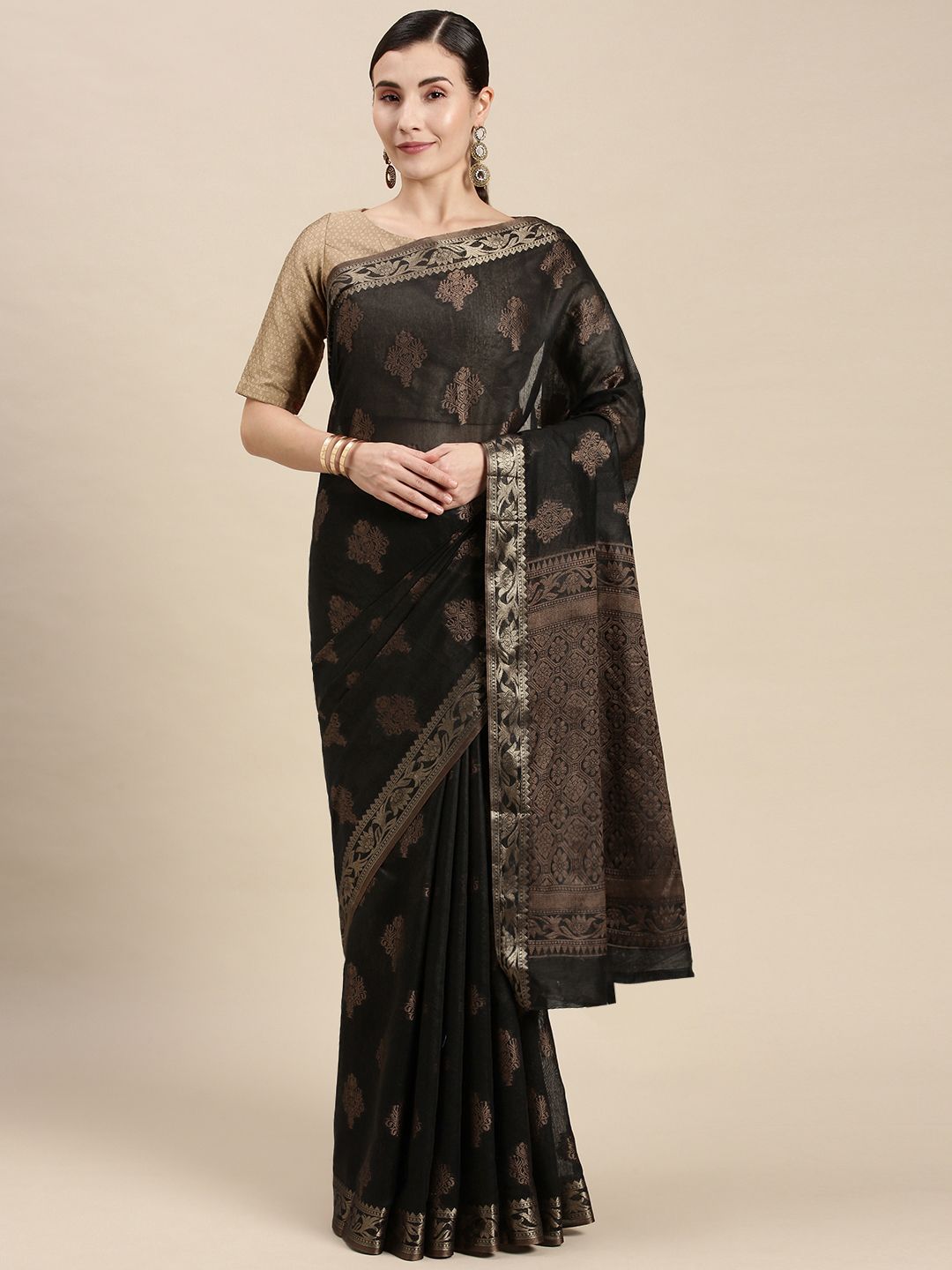 Mitera Black & Brown Cotton Silk Saree With Running Blouse Piece Price in India