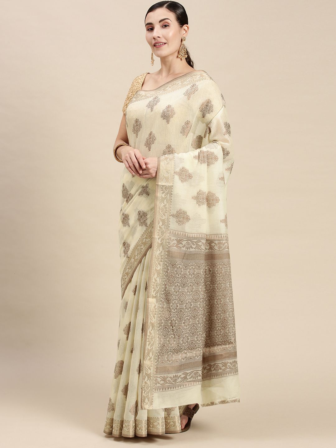 Mitera White & Brown Cotton Silk Saree With Running Blouse Piece Price in India