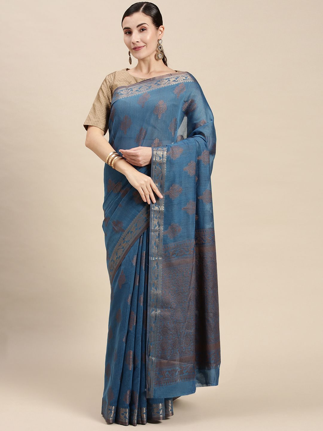 Mitera Blue & Brown Cotton Silk Saree With Running Blouse Piece Price in India