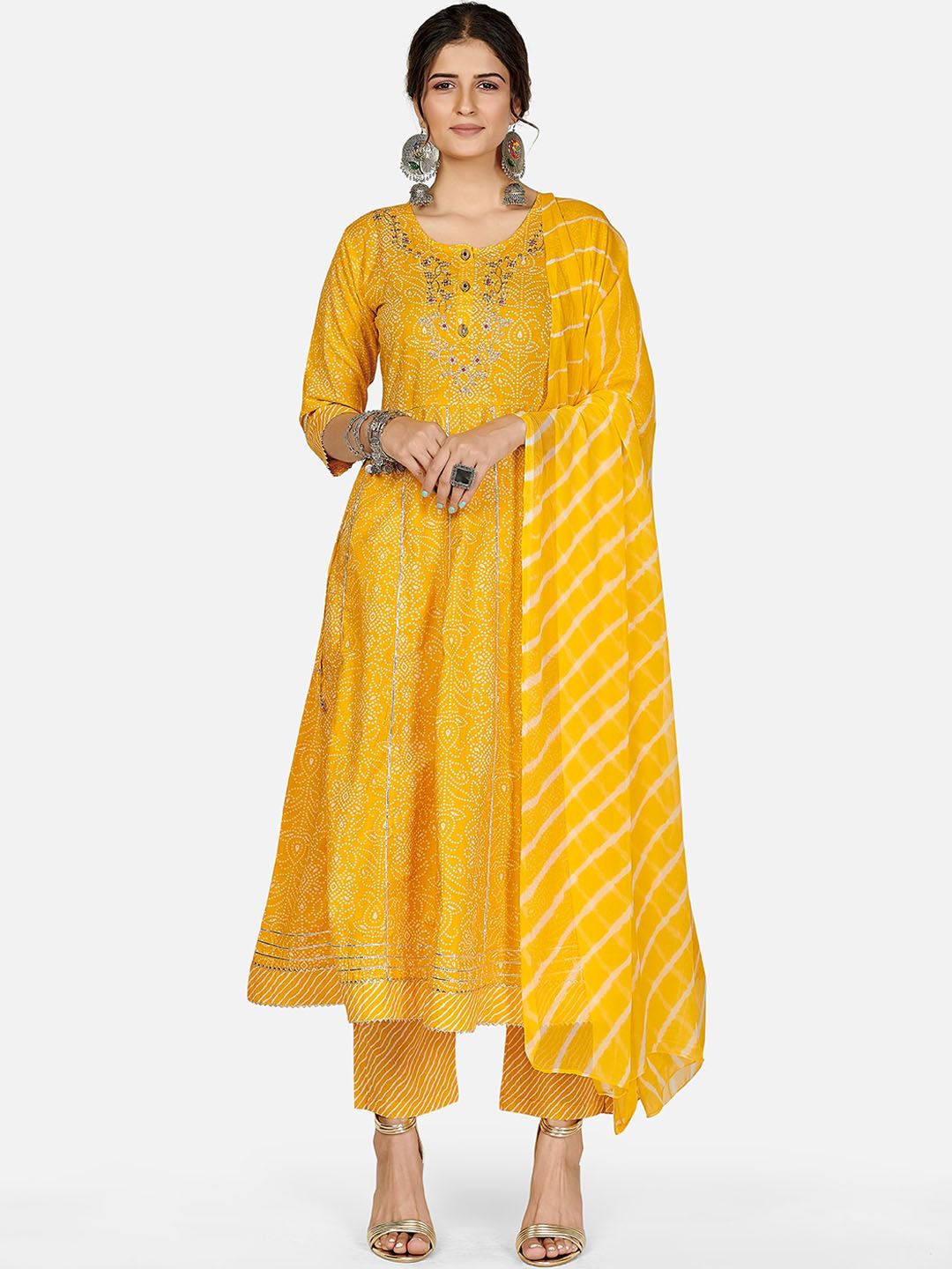 Vbuyz Women Yellow Ethnic Motifs Printed Pleated Thread Work Pure Cotton Kurta with Trousers & With Dupatta