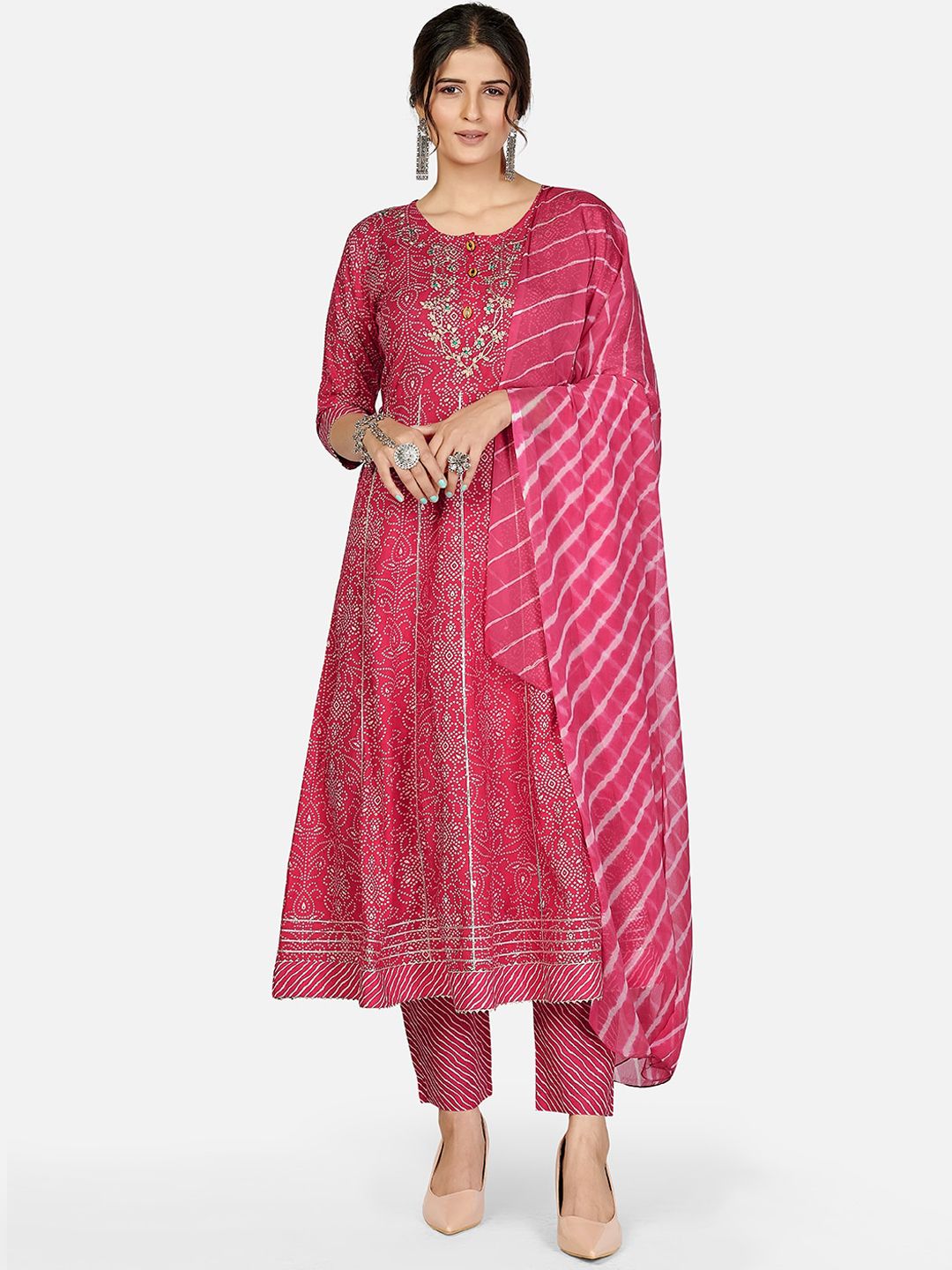 Vbuyz Women Pink Ethnic Motifs Printed Regular Pure Cotton Kurta with Trousers & With Dupatta Price in India