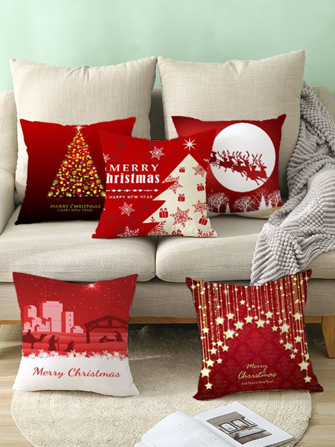 AEROHAVEN Set Of 5 Red & White Printed Christmas Square Cushion Covers Price in India