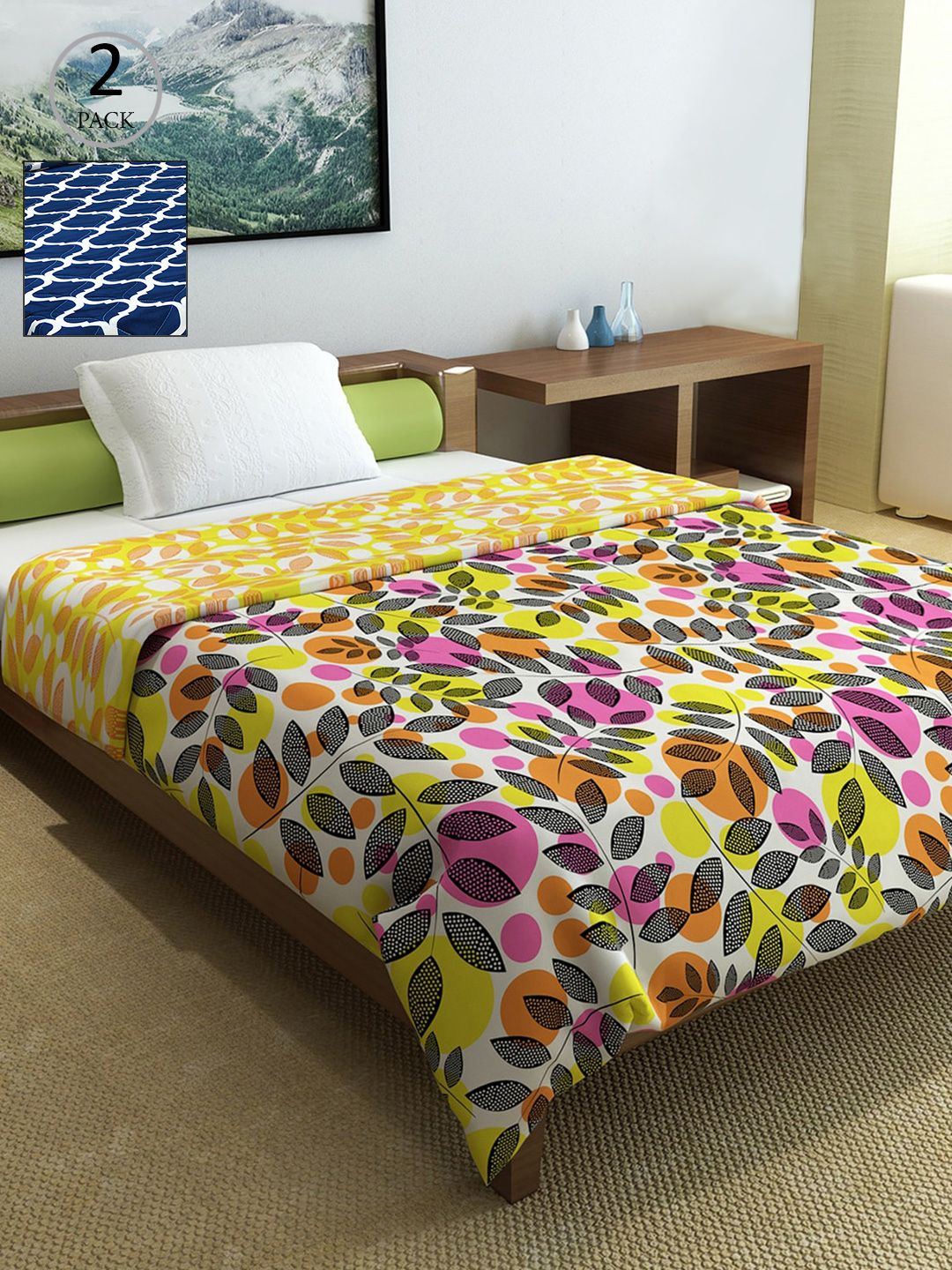 Divine Casa Blue & Yellow Set of 2 Floral Mild Winter 150 GSM Single Bed Comforter Price in India