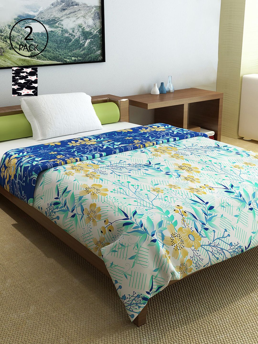 Divine Casa Blue & Black Set of 2 Floral Mild Winter 150 GSM Single Bed Comforter Price in India