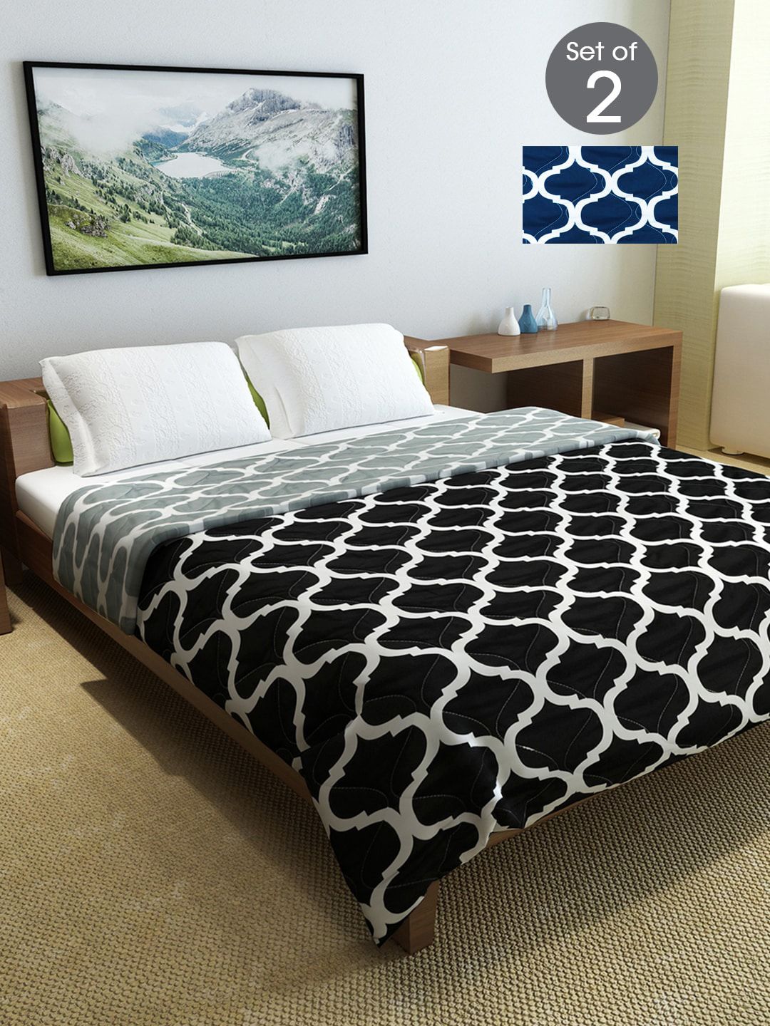 Divine Casa Set Of 2 Black & Blue Geometric Mild Winter 120 GSM Double Bed Comforter Price in India