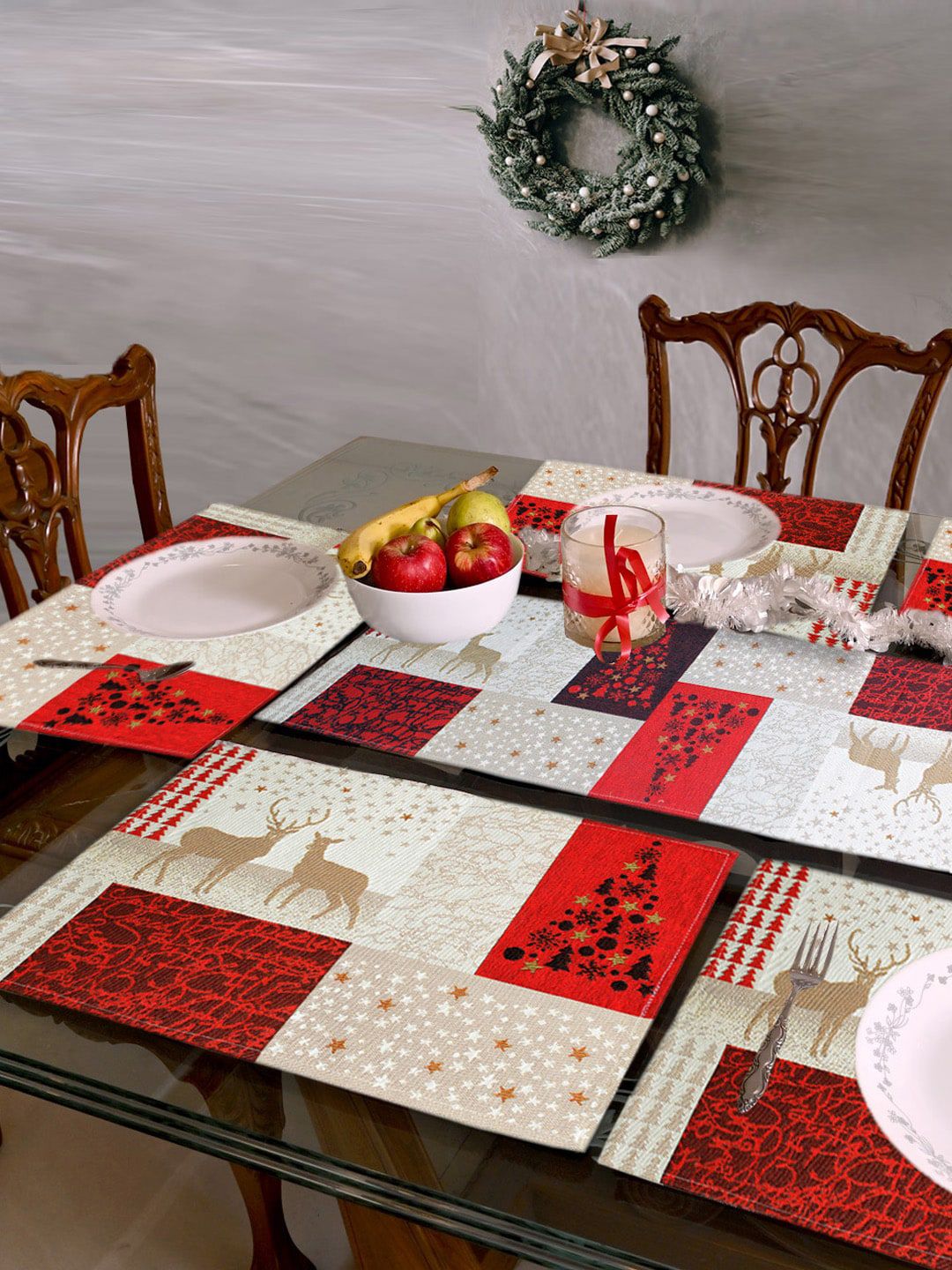 AVI Living Red Set of 7 Christmas Jacquard Woven Table Mats & Runner Price in India