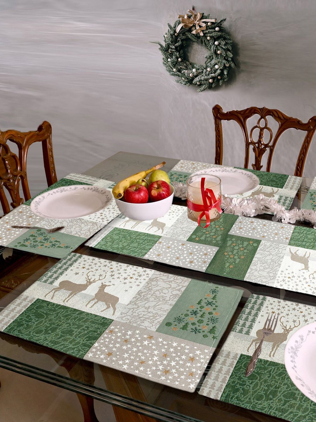 AVI Living Set of 7 Green Christmas Jacquard Woven Table Placements Price in India