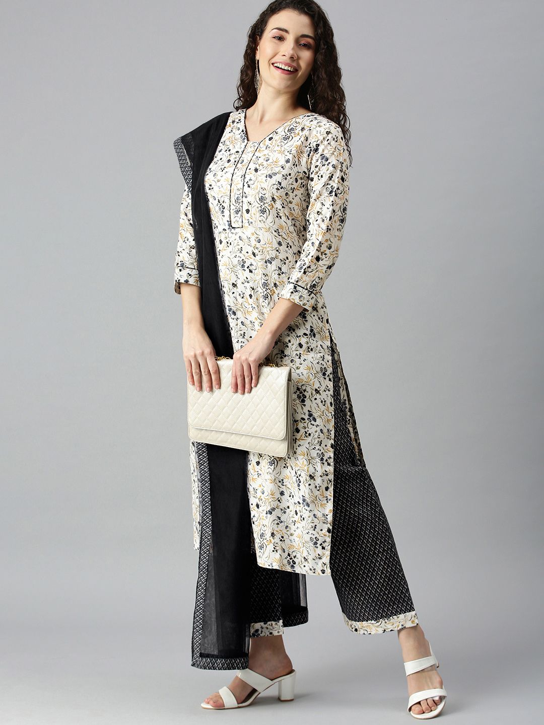 SheWill Black & White Printed Unstitched Dress Material Price in India