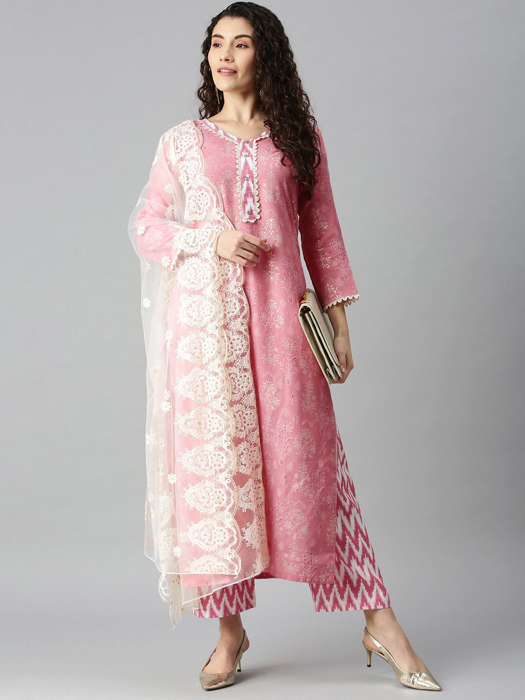 SheWill Pink Printed Unstitched Dress Material Price in India