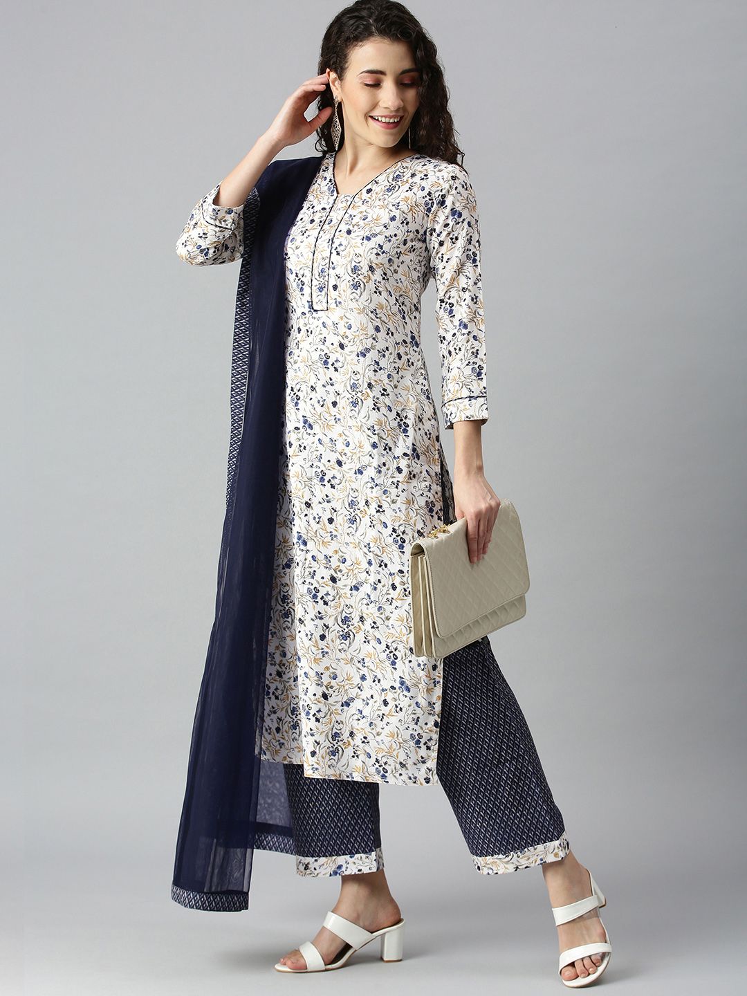 SheWill Navy Blue & White Printed Unstitched Dress Material Price in India