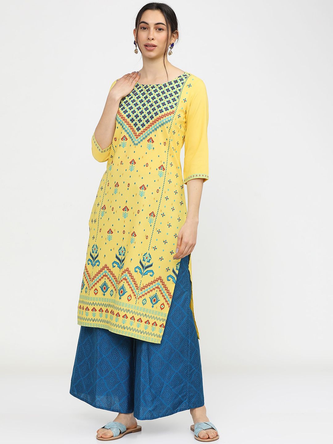 KETCH Women Yellow & Blue Ethnic Motifs Printed Kurta Price in India