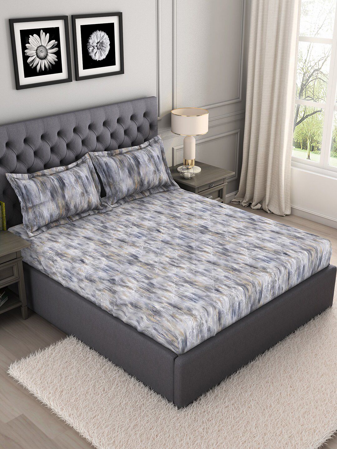 SPACES Grey & Black Graphic 210 TC King Bedsheet with 2 Pillow Covers Price in India