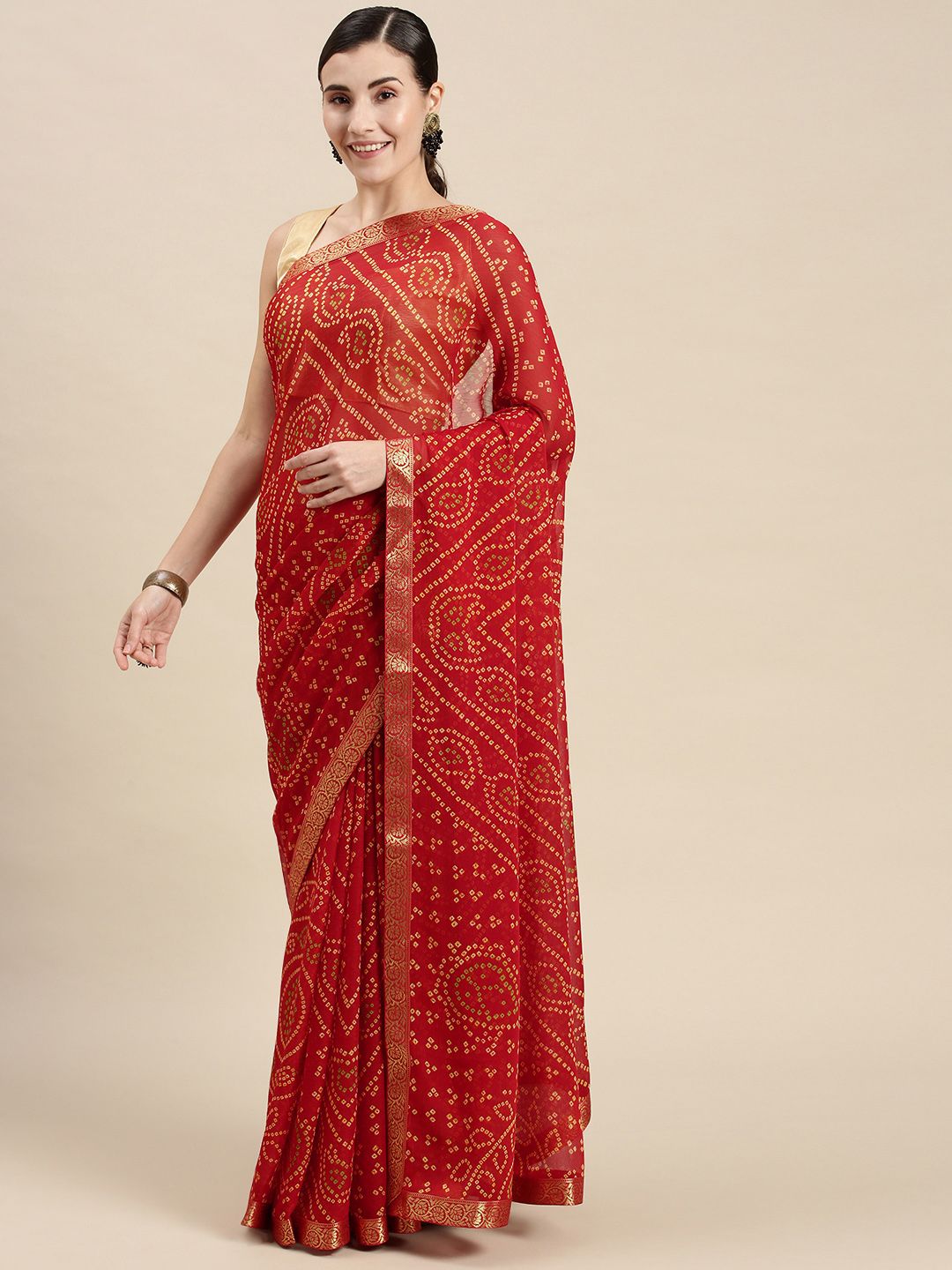 Mitera Red & Coral Pure Georgette Bandhani Saree Price in India