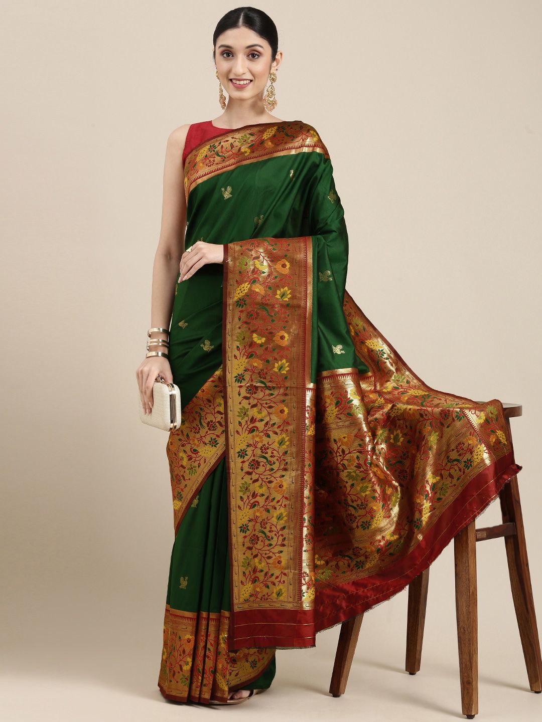 Mitera Green & Maroon Ethnic Motifs Woven Zari Silk Blend Banarasi Saree Price in India