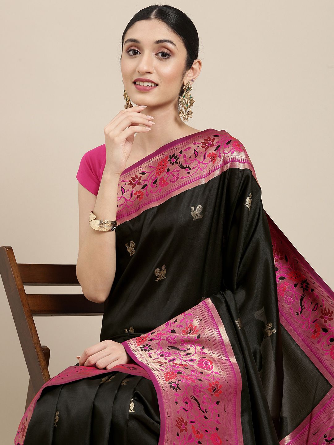 Mitera Black & Pink Ethnic Motifs Woven Zari Silk Blend Banarasi Saree Price in India