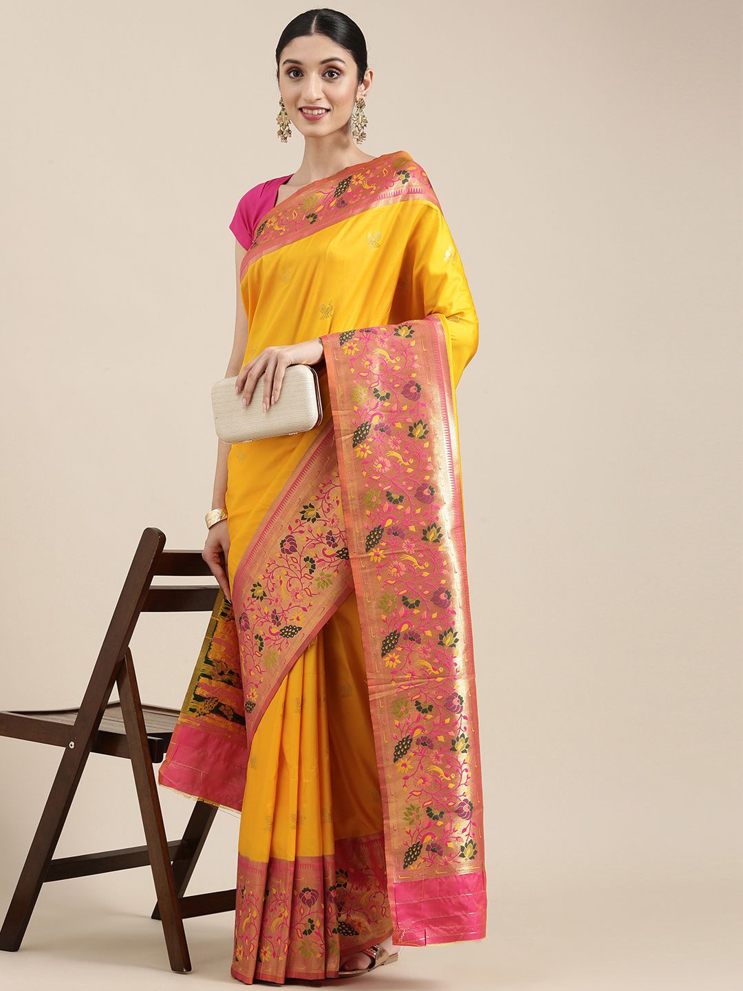 Mitera Yellow & Pink Ethnic Motifs Woven Zari Silk Blend Banarasi Saree Price in India