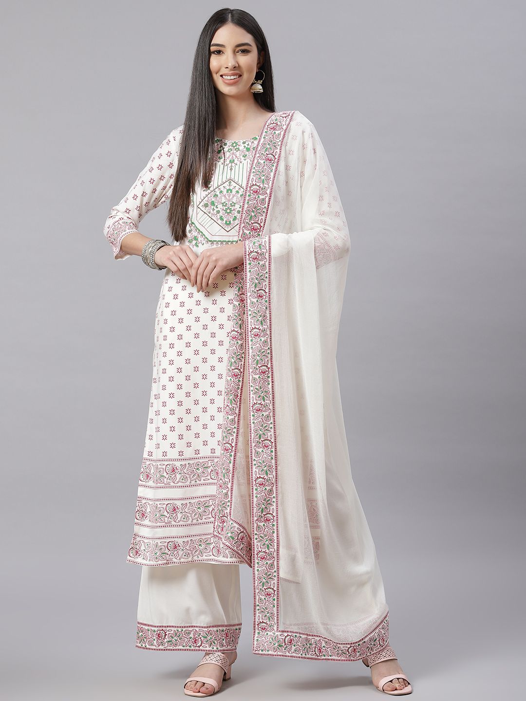 Tulsattva Women Off-White & Maron Ethnic Motifs Print Kurta with Palazzos & Dupatta Price in India